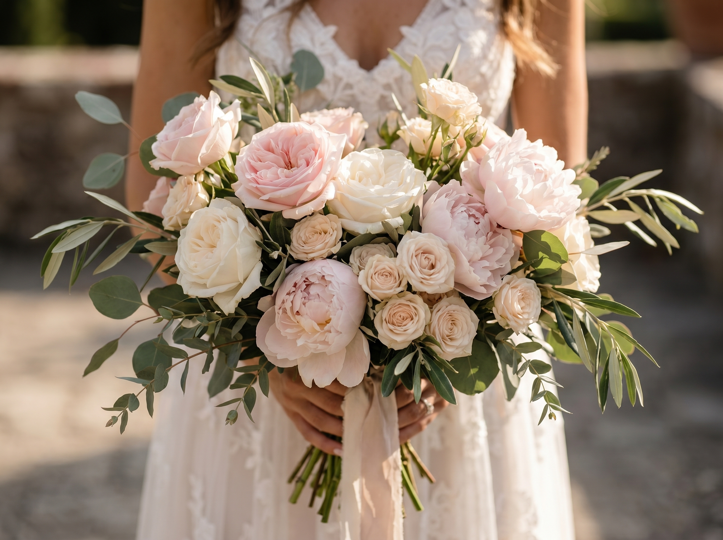 Bridal bouquet with roses and peonies
